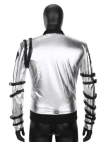 Slim-fit silver metallic jacket with asymmetrical zipper closure and multiple belt accents.