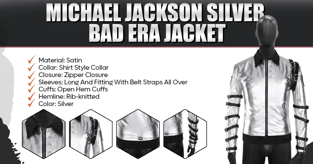 Metallic silver satin jacket on a black mannequin featuring a dark shirt-style collar, central zipper closure, and multiple black belt straps wrapped around both long sleeves.