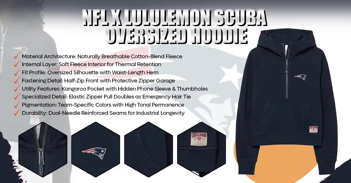 Infographic showing features of the NFL x lululemon Scuba Oversized Hoodie.