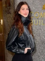 Side view of the Camila Morrone Black Leather Jacket showing the slim profile from TV Jackets.
