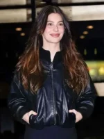 Close-up of the smooth texture and stitching on the Camila Morrone Black Leather Jacket from TV Jackets.