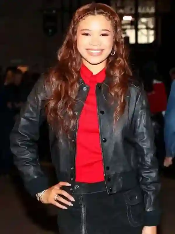 NYC 2026 Storm Reid Black Leather Jacket Front View NYC 2026 Storm Reid Black Leather Jacket Front View