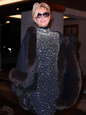 Front view of the Paris Hilton NYC 2026 Coat in pink with buttons by TV Jackets.