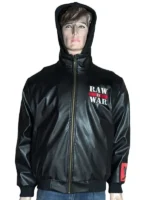 Front view of a black Loiter X WWE Raw Is War varsity jacket featuring red embroidery and leather sleeves.