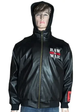 Front view of a black Loiter X WWE Raw Is War varsity jacket featuring red embroidery and leather sleeves.