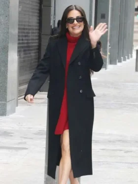 Close-up of the double breasted buttoned closure on the Lea Michele Black Wool Coat.