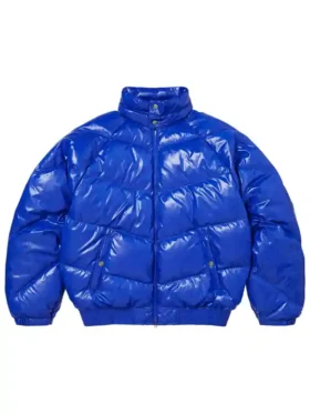 Supreme Schott Shiny Puffer Jacket Blue Front View