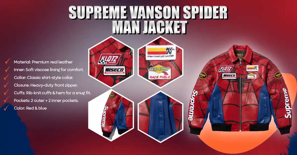 Supreme Spider Man Jacket infographic showing real leather material, viscose lining, zipper closure, pockets, and red blue design