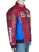 Back view of a blue and red leather jacket featuring a large spider logo.