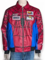 Front view of a red and blue Supreme Vanson Spider Man Leather Jacket.