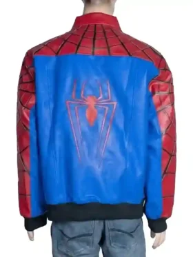 Men's leather racing jacket with spider web stitching and shirt-style collar.