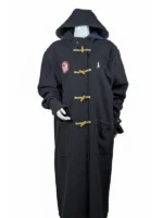 A full-length navy blue wool toggle coat from the Team USA Winter Olympics 2026 Heritage Collection, featuring an attached hood and traditional wooden toggle closures.