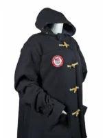 Technical product shot of the Team USA 2026 Winter Olympics coat, highlighting the wool fabric and attached hooded collar.