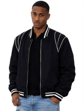 Full view of the Keith Powers black bomber jacket featuring a zipper closure and ribbed waist.