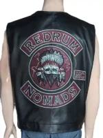 A high-quality leather biker vest featuring "Redrum Nomads" and a skull graphic on the back, inspired by Jason Momoa's character.