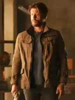 Close-up of the front closure on the Tracker Season 3 Russell Shaw Jacket at TV Jackets.