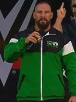 Bron Breakker bomber jacket green and white sporty streetwear look