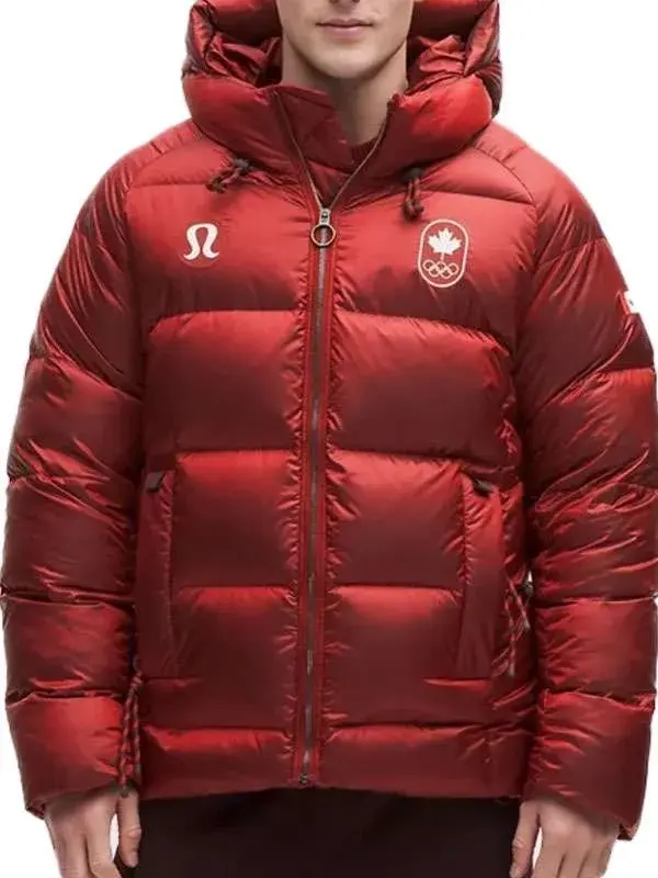 Winter Olympics 2026 Team Canada Puffer Jacket Front View Team Canada 2026 Puffer Jacket Front View in Vibrant Red