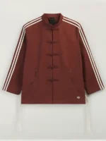 The front view of the fox brown Adidas CLOT jacket with traditional knot buttons.