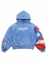 Front view of the light blue Bad Bunny PR hoodie featuring the white "The only thing more powerful than hate is love" slogan.