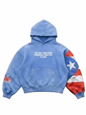 Front view of the light blue Bad Bunny PR hoodie featuring the white "The only thing more powerful than hate is love" slogan.