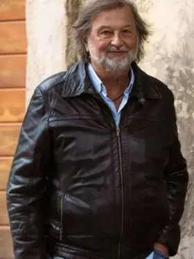 Buratino Aleksey Rybnikov Leather Jacket 2026 Black Front View with Shirt Style Collar