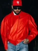 Chris Brown Red Leather Jacket Front View with Shirt Style Collar