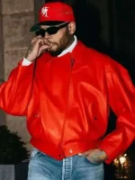 Close-up of premium red leather material and viscose lining on Chris Brown Jacket