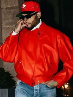 Close-up of premium red leather material and viscose lining on Chris Brown Jacket