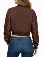 Back view of the Jennifer Hudson brown varsity jacket showing the Create Out of Love logo and leather sleeves.