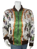 View of Quilted Satin and Horse Print Detail Emily in Paris Horse Jacket