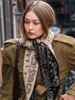 A lifestyle image of a model wearing the Gigi Hadid inspired brown suede military trench.