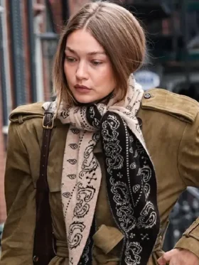 A lifestyle image of a model wearing the Gigi Hadid inspired brown suede military trench.