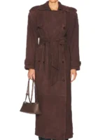 Front view of the double-breasted button closure on the Gigi Hadid military suede coat.