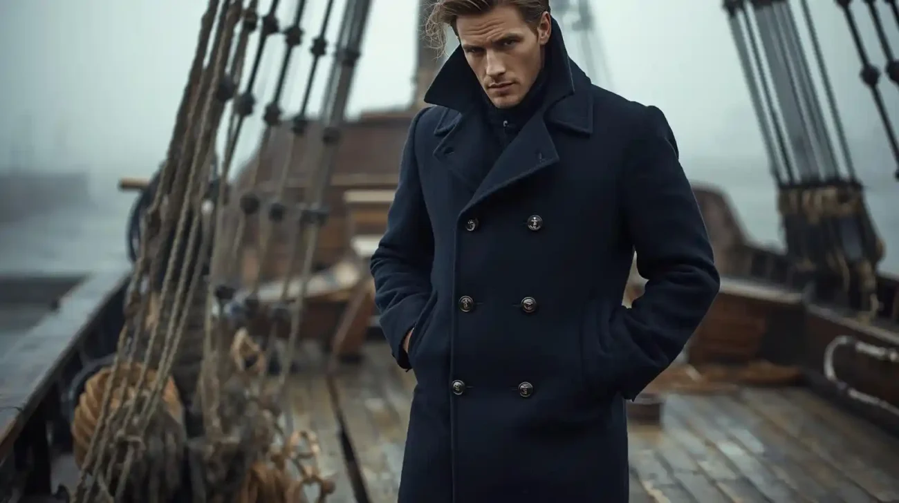 A man in a classic navy wool peacoat standing on a misty ship deck, representing the coat's Dutch naval history.