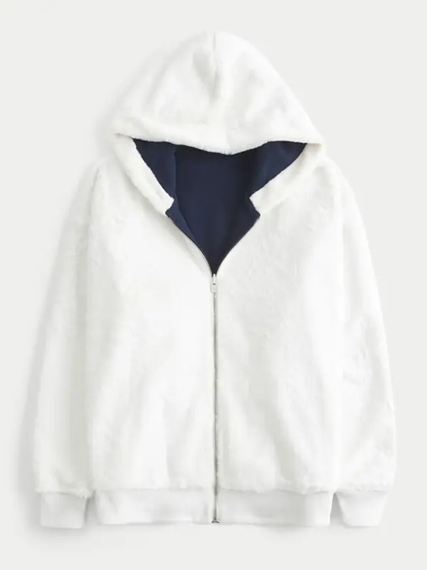 Hollister Reversible Fleece Zip Up Hoodie Heather Grey Front Front view of the Light Heather Grey Hollister reversible fleece zip-up hoodie.