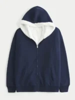 Front view of the Navy Blue Hollister reversible fleece hoodie with a full zipper.