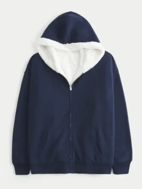 Front view of the Navy Blue Hollister reversible fleece hoodie with a full zipper.