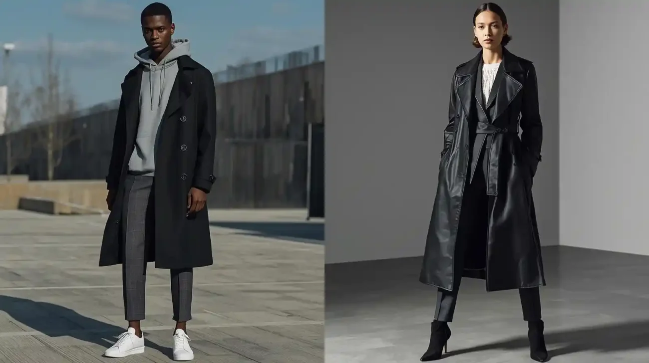 A visual guide showing how to style a trench coat for a casual urban look with a hoodie and a professional office look with a leather trench and suit.