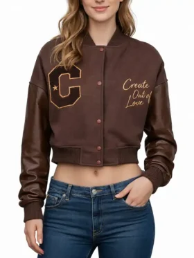 Front view of the Jennifer Hudson Create Out of Love varsity jacket with snap-tab closure.