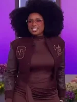 Jennifer Hudson brown varsity jacket shown open to reveal the soft inner lining.