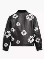 The back view of the Levi’s x Denim Tears leather jacket showing the all-over print and relaxed fit.