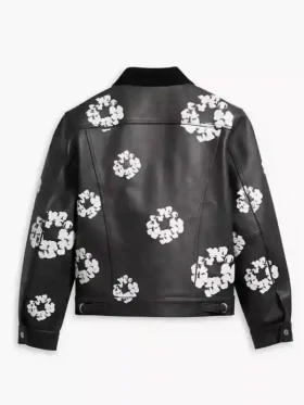 The back view of the Levi’s x Denim Tears leather jacket showing the all-over print and relaxed fit.