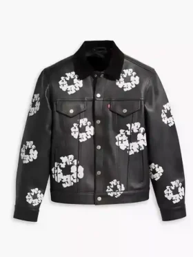 Front angle of the Levi’s x Denim Tears Leather Jacket with button-down closure and chest pockets.