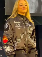 Close-up of ribbed collar and zipper on Liv Morgan Bomber Jacket
