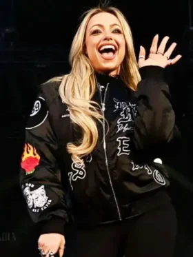 Liv Morgan Royal Rumble Bomber Jacket Black Front View in Satin