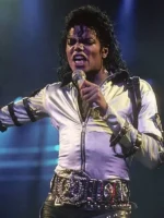 Detailed look at the shiny silver satin fabric of the Michael Jackson 1987 tour jacket.