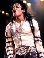 Michael Jackson inspired silver jacket featuring signature straps and buckles.