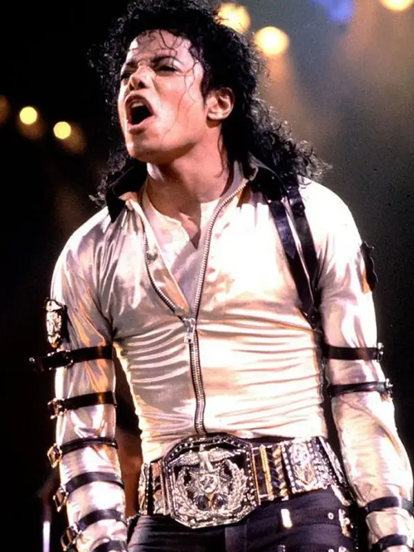 Michael Jackson Iconic Silver Bad Tour Look Michael Jackson inspired silver jacket featuring signature straps and buckles.