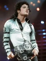 A lifestyle perspective showing how the silver MJ jacket looks when worn.